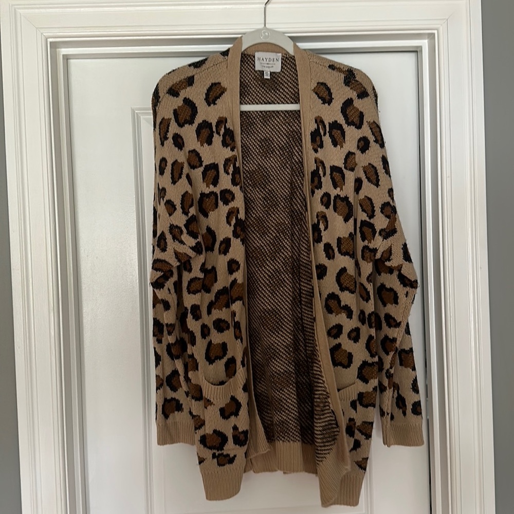 Hayden Leopard Print Open Cardigan in Camel and Black